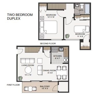 Floor plan for 2 beds, 1 bath, 920 sqft